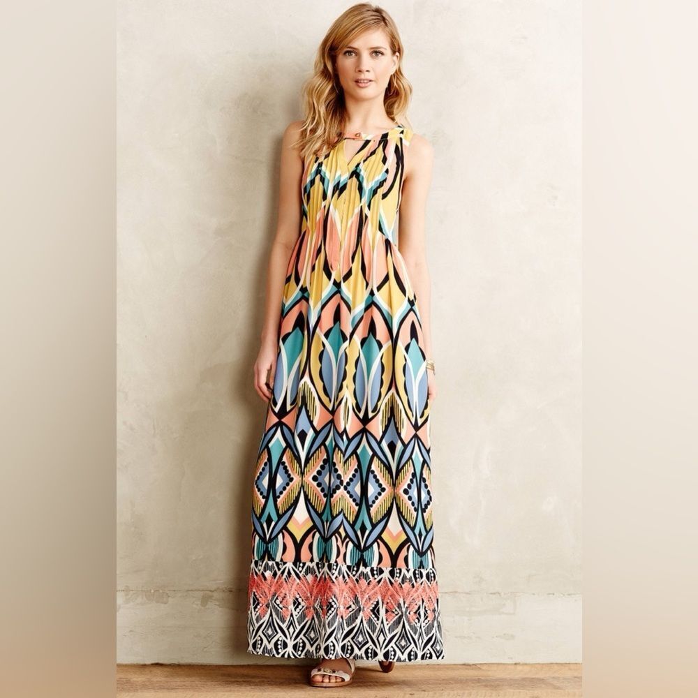 Anthropologie Floreat Dahlia Embroidered Maxi Dress Multi Color Size 0
